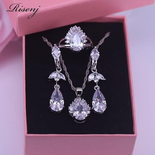 Risenj White Austrian Crystal Silver 925 Jewelry Set Long Water Drop Earrings Ring Necklace Set For Women Bridal Jewelry