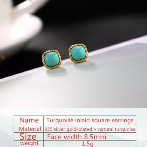 S925 Sterling Silver Inlaid Natural Turquoise Ms. Earrings Korean Version Of The Simple Square Temperament Earrings Ms