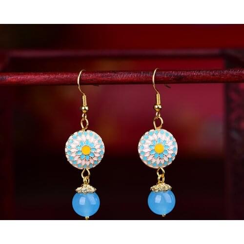 15MM Diameter Cloisonne Disc Eardrop Temperamental Blue Crystal Pendant Earrings Comfortable Color Retaining Copper Jewelry