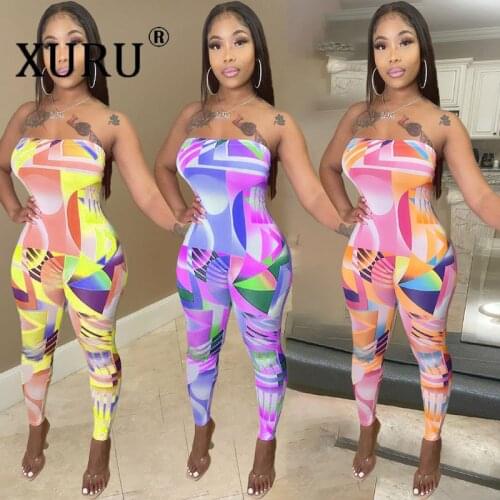 XURU Geometric Back Strap Stitching Jumpsuit Casual Sexy Tube Top Halter Jumpsuit
