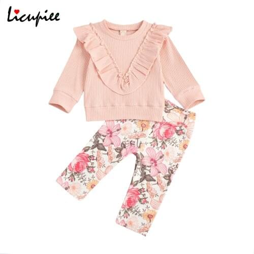 Little Girls 2-piece Clothes Set, Solid Color Lace Long Sleeve Top Flower Print Long Pants 1-4 Years