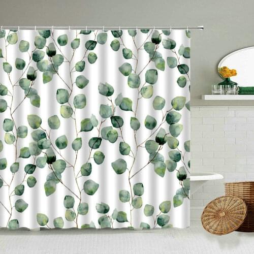 Tropical Green Plant Leaf Shower Curtain Set Water Colors Art White Background Bathroom With Hook Waterproof Polyester Screen