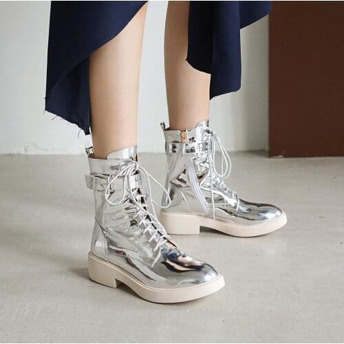 Womens Ankle Motorcycle Boots Vintage Retro rivets Chunky med Heels lace up ladies Boots Shoes Woman size 41 42 43