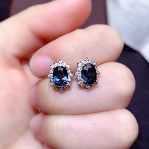 Natural London Blue Topaz Stud Earrings 925 Silver Womens Stud Earrings Luxury Style Atmosphere