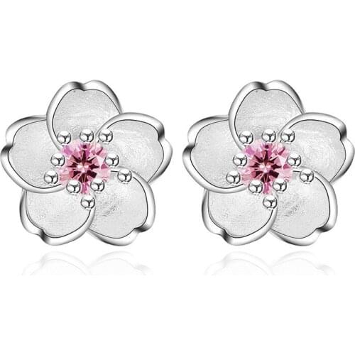 Simple Flower Stud Earrings 925 Sterling Silver Ear Jewelry Zircon Pink Purple Crystal Earring for Women Pendientes Bijoux