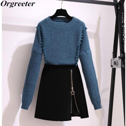 Solid Knitting Pullover Jumper Mini Skirt Two piece set Women Hairball Appliques Loose Sweater + Zipper Split A-line Skirt Suits