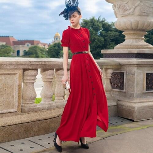 Fashion Summer Red Dress England Style Long Dress Puff Sleeve Office Lady Women Maxi Dress Birthday Dress for Women