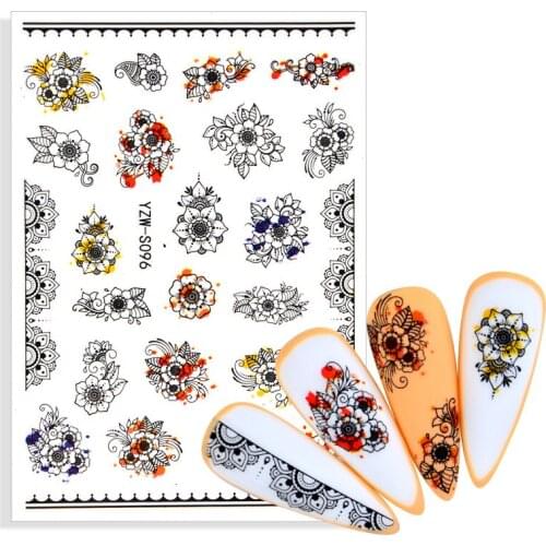 1 Sheet Black Mandala Flower 3D Nail Art Stickers Sliders Bouquet Leaves Mandala Leaf Geometry Adhesive Nail Decals Foil Design