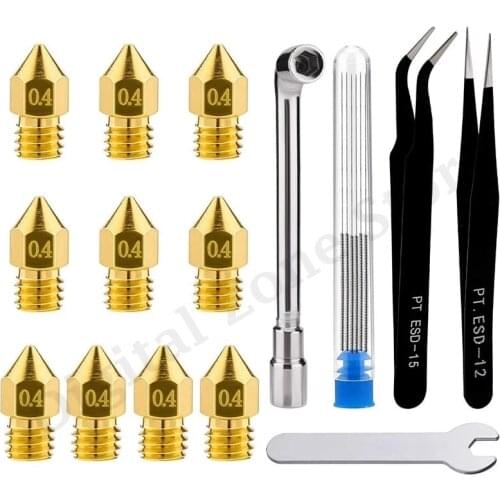 10pcs 0.4mm Extruder Nozzles for MK8 + 5pcs 0.35mm Stainless Steel Cleaning Needles + 2pcs Tweezers + 2pcs Spanner For 3D Priner