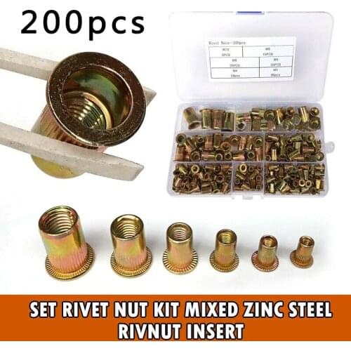 200 Pcs Rivet Nut Kit Mixed Zinc Steel Insert Nutsert Threaded M3/4/5/6/8/10 Zinc Plated Carbon Steel Knurled Rivnut Nutsert Cap