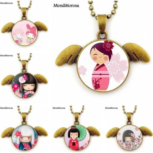 Antique Bronze Vintage Style Chain Angel Wings Necklace Jewellery For Unisex Gift Cute Japanese Kokeshi Doll