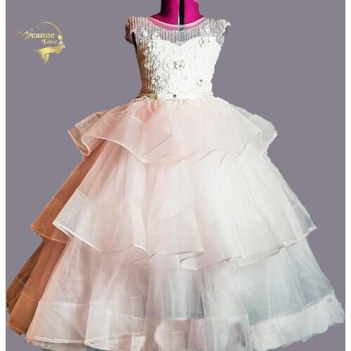 Cap Sleeves Sheer Girls Evening Party Dress Hollow Out Back Layered Beading Kids Dresses For Children Costume Flower Girls Dress