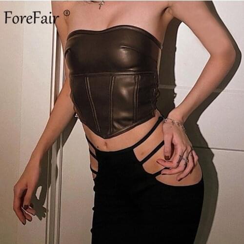 Forefair Strapless Leather Tube Tops Women Bodycon Black Short Side Bandage Vest Sexy PU 2021 Summer Women Crop Tops