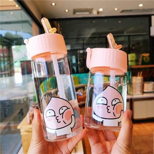 Kawaii Glass Water Bottle With Straw For Girl Adults Cute Cartoon Outdoor Portable Leak-proof Student Drinking Cup With Storage