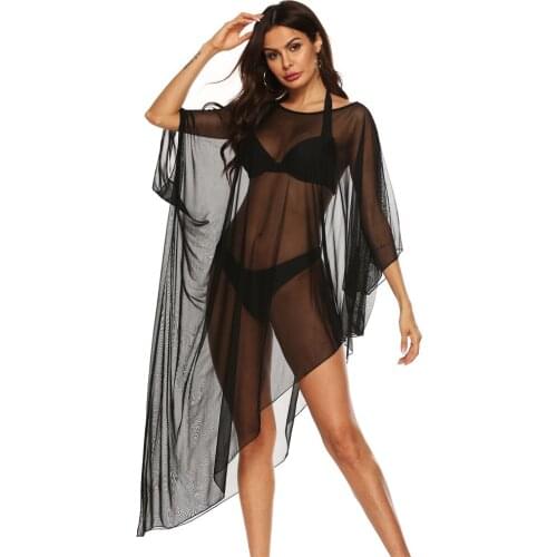 Lace Beach Cover Up Black Mesh Tunics Kaftan Women Swimsuit Sheer Pareo Bikini Cover-up Ladies See Through Beach Wear Dress Wrap