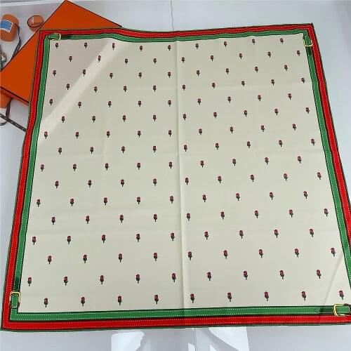 90cm Hand Rolled Mini Rose Flowe Print Twill Silk Square Scarf Women Shawl Brand Hijab Scarf Foulard Head Scarves Design Bandana