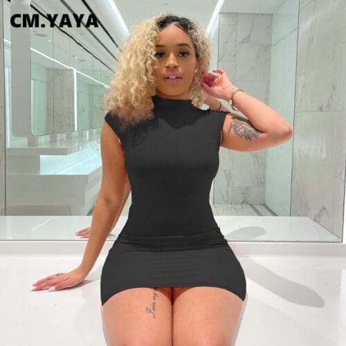 CM.YAYA Women Mini Dress Solid Short Sleeve O-neck Strechy Above Knee Length Dresses Sexy Fashion Dress Summer Outfit 2021