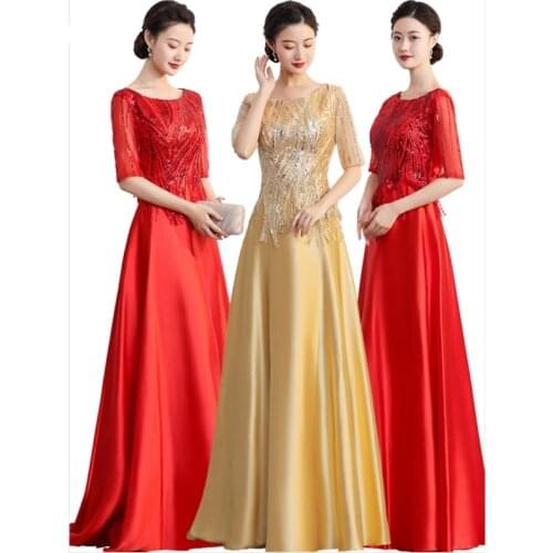 Cantata Performance Dress Wholesale Female Long Choir Host Evening Dresses Golden Wine Red Sequins Long Ball Gown