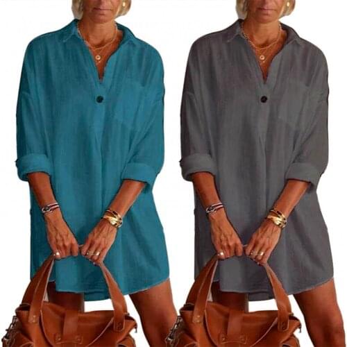 Summer Women Shirts Dress Casual Turn Down Collar Solid Color V Neck Long Sleeve Pocket Button Loose Long Shirt Mini Dress