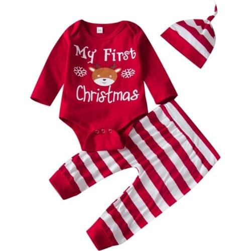 Christmas Baby Girls Boys Long Sleeve Cartoon Pattern Letters Print Romper Tops Striped Trousers Hat Outfits Clothes Set
