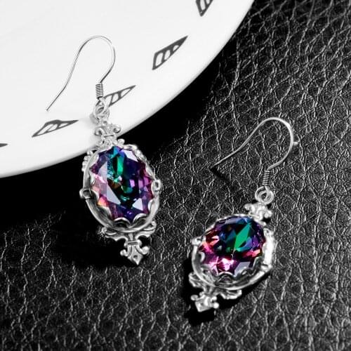 Raibow Gem Stone Drop Earrings for Women Vintage Flower Carved Bohemian Jewelry Dangle Earring 925 Silver Ethnic Boho Jewelry