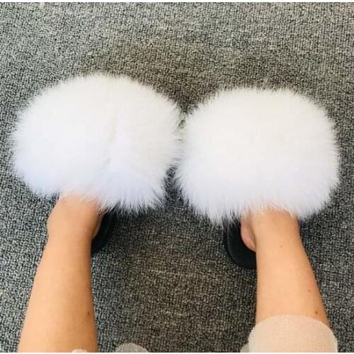Summer Kids Fur Slippers Fluffy Raccoon Fur Slides Furry Real Fox Fur Flip Flops Flat Children Rainbow Shoes Girls Fur Sandals