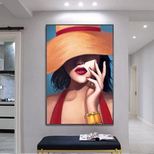 Modern Canvas Painting Abstract Portrait Posters and Prints Sexy Women with Hat Wall Pictures for Living Room Cuadros Home Decor