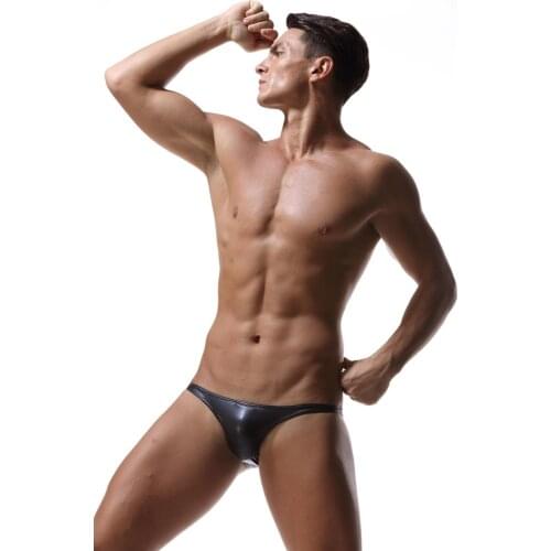 Mens low-waist sexy imitation leather briefs fashionable breathable small briefs half package hip narrow edge T pants