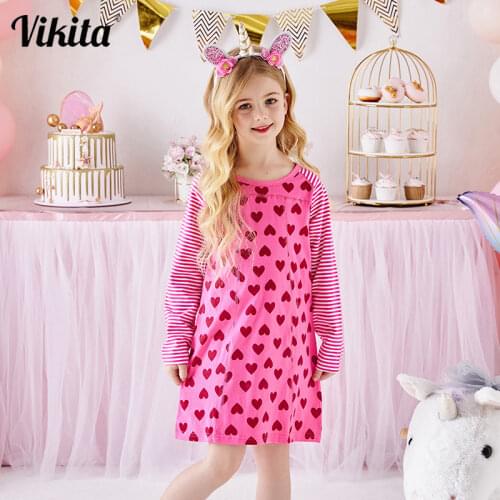 VIKITA Girls Striped Cotton Dress Girls Dresses Autumn Spring Girl Casual School Clothes Girls Heart Design Patchwork Dress