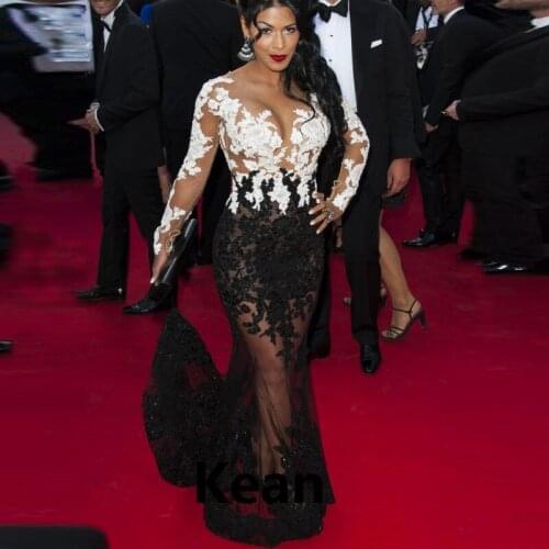 South Africa White and Black See Through Evening Dress Lace Mermaid Evening Gown Floor Length vestido de fiesta Long Prom Dress