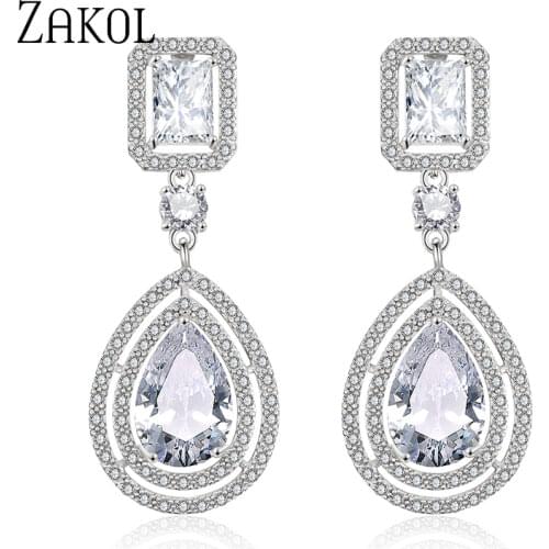 ZAKOL Bridal Wedding Jewelry Fashion Square & Teardrop Cubic Zircon Dangle Earrings For Women Dinner Dress Wholesale FSEP2259