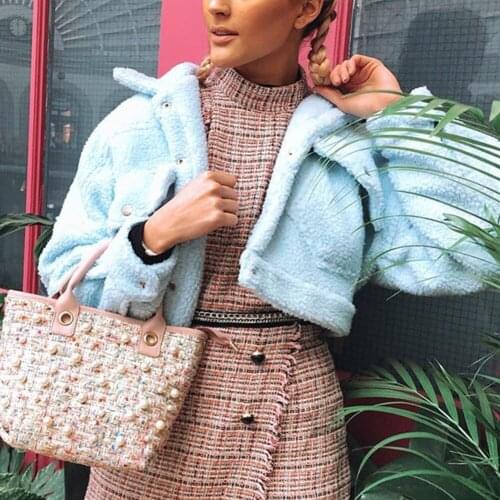 White Wool Short Jacket Women Fashion Autumn Winter Warm Loose Pockets Sweater Blue Velvet Outwear For Women Crop top Women coat