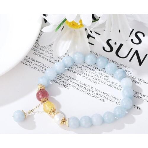 Luxury Natural Stone Aquamarine Freshwater Pearls Strawberry Rutilated Crystal Womens Bracelets Fashion Jewelry 2021 New YBR303