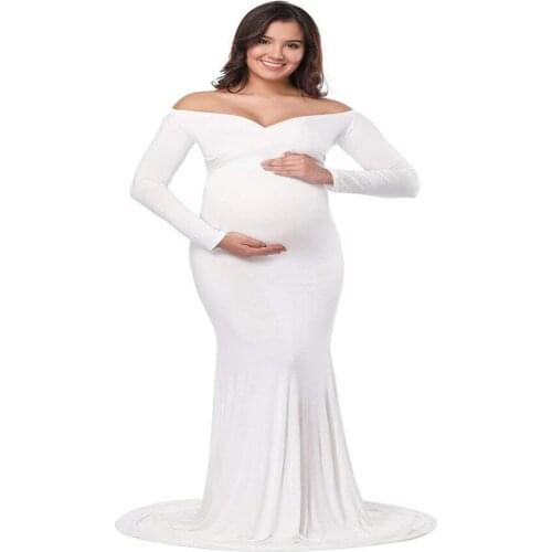 Maternity Women Long Sleeve Shoulderless Floor Length Photo Dresses Cotton Pregnancy Belly Care Sexy Mermaid X-long Dresses