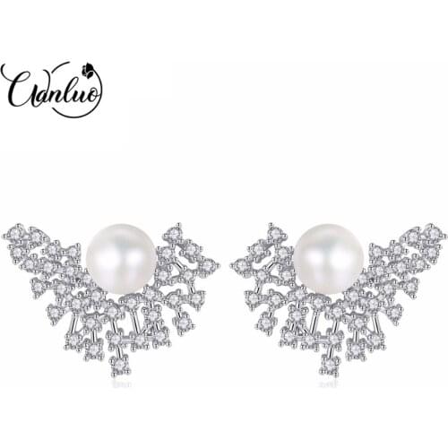 WANLUO Real Natural Pearls Jewelry Earrings,Elegant 925 Sterling Silver Women Stud Zircon Earring,High Luster Pearl Gold Color