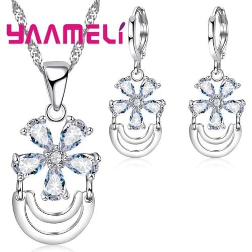 CZ Crystal Paved Bridal Jewelry Sets 925 Sterling Silver Flower Pendant Necklace Earrings Women Wedding Jewelry Set