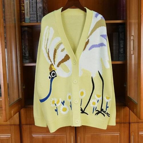 New Arrival Cardigan Coats 2021 Autumn Style Women Charming Flower Patterns Knitting Long Sleeve Casual Yellow Pink Red Cardigan