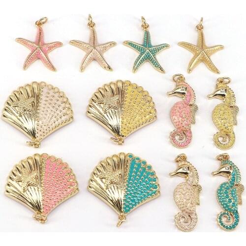 10Pcs,Gold Plated Scallop Shell /Starfish/ Sea horse Pendant, Sea Shell Beach Pendant, Summer Necklace Bracelet Charm Accessory
