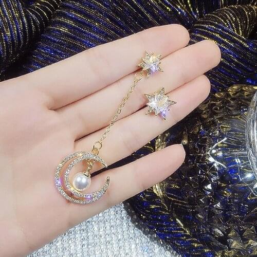 2 Pcs/Set Simple Women Earrings Star Moon Crystal Pearl Pendant Gold Silver Color Earring Set Charm Engagement Party Jewelry