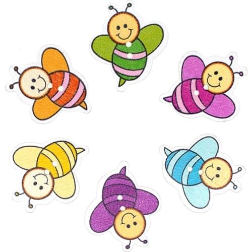 20PCs Wooden Sewing Buttons Scrapbooking Bee Colorful Mixed 2 Holes Cartoon 33x30mm Costura Botones Decorate bottoni botoes