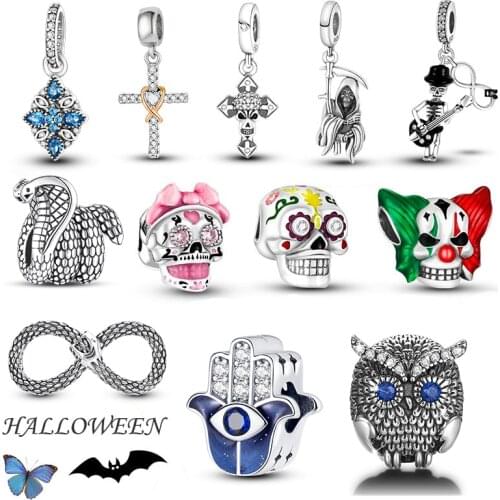 2021 925 Sterling Silver Halloween Gothic Skull Charms Devil & Jack Bead Infinite Cross Pendant Fit Pandora Bracelet Jewelry DIY