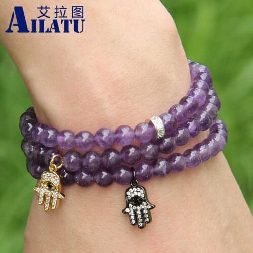 Ailatu 6mm Good Quality Purple Crystal Stone Beads Micro Pave Zircons Fatima Hand Hamsa Pendant Bracelet Girl Gift
