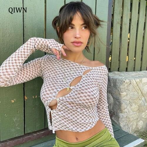 Hollow Out Sexy Plaid T-Shirts Women Autumn 2021 Skew Collar Long Sleeve Baby Tee Y2K Vintage Aesthetic E Girl Tops