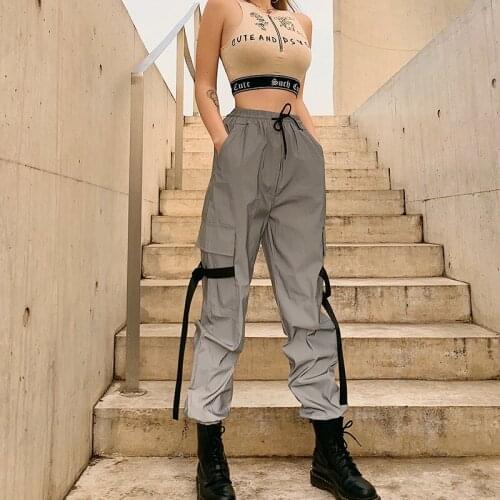 Womens Reflective Pants Cargo Fashion Casual Fluorescence Trousers Jogger Female Clothes Elastic Waist Pocket Ribbon Pant DG032