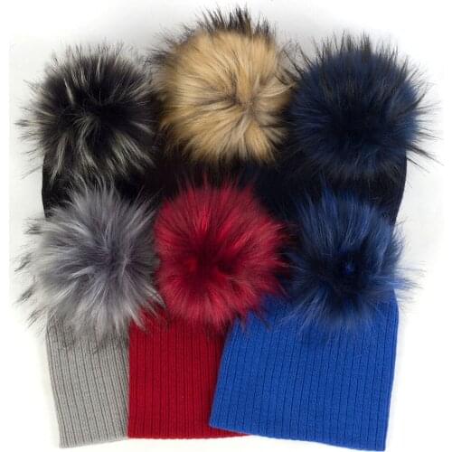 Multicolor Faux Fur Pompomc Kids Beanies Warm Ribbed Beanies Hats Baby Newborn Baby Girls Boys Soft Cute Cotton Andy Color Hats