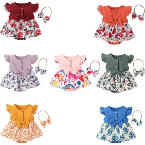 Toddler Baby Girl Clothes for Newborns Linen Ribbed Bow Floral Romper Headband Bodysuit Outfits Summer Kids Clothes Girls 0-18M