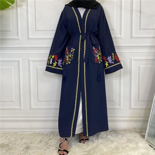 Dubai Hot Sale Muslim Fashion Embroidered Cardigan Lace up Womens Robe islamic clothing women muslim
