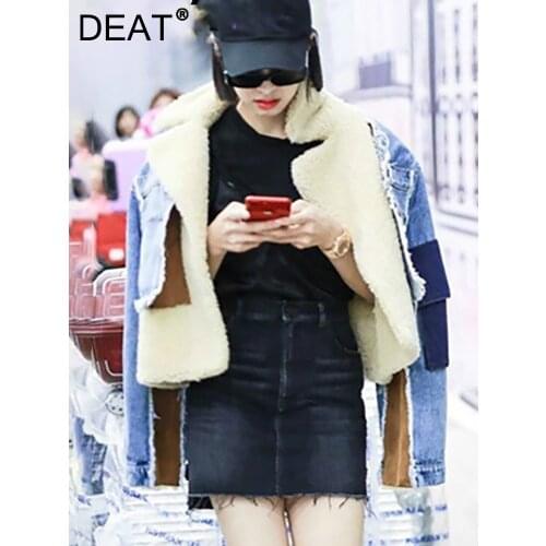 DEAT 2019 winter sheep fur turn-down collar full sleeves denim blue patchwork spliced clothes letters printed coat trench WJ1020