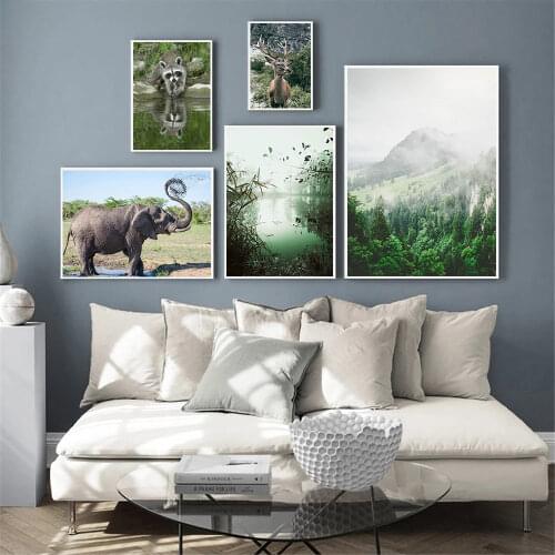 Raccoon Deer Elephant Art Print Nature Landscape Forest Mountain Canvas Poster Animal Painting Wall Pictures Living Room Decor
