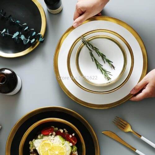 Gold inlay dinnerware collection ceramic plate and bowl with gold edge tableware golden white and black dinner set
